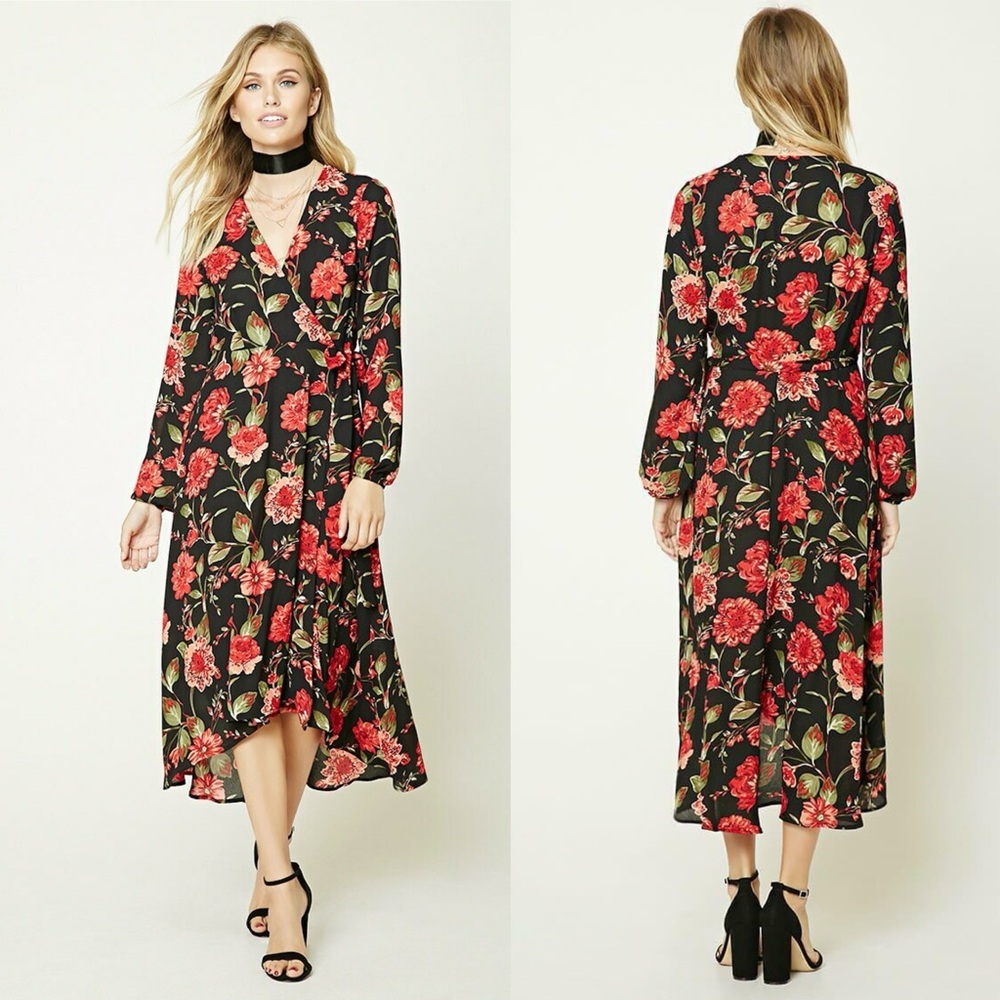 Forever 21 Black Red Wrap Maxi Contemporary Floral Print Dress